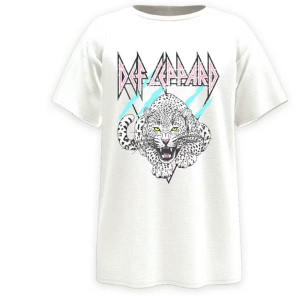Def Leppard Girls XL Graphic Tee – Vintage Band Shirt – Retro Tiger - Pink Blue